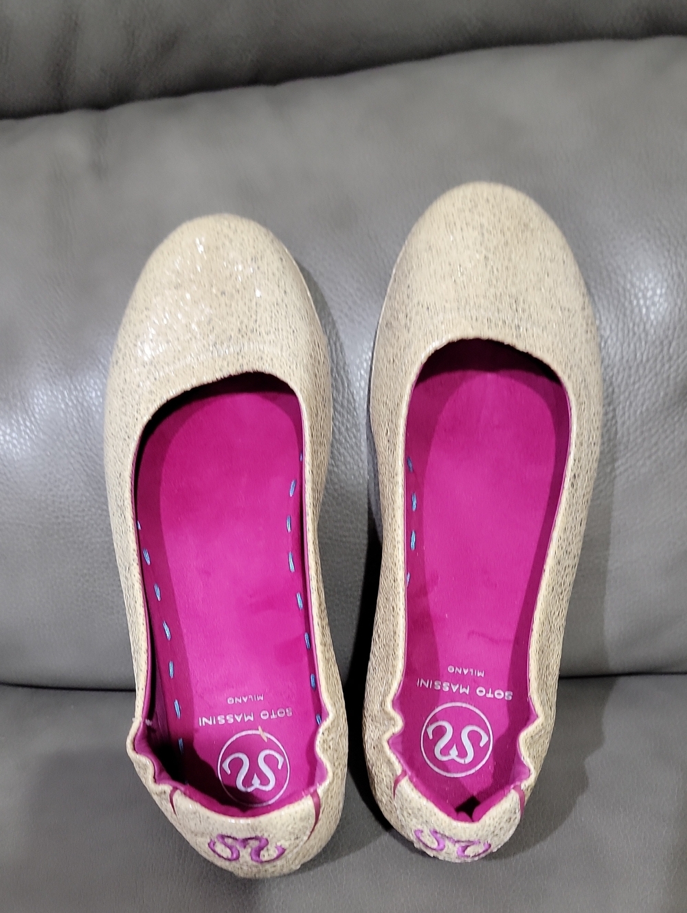 Beige Glitter Ballet Flats with Fuchsia Insole